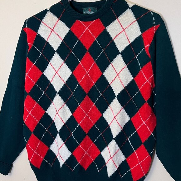 The Scotch House 100% Lambswool Argyle Wool Sweater - Men's Size 44 - Green Red - Picture 3 of 12